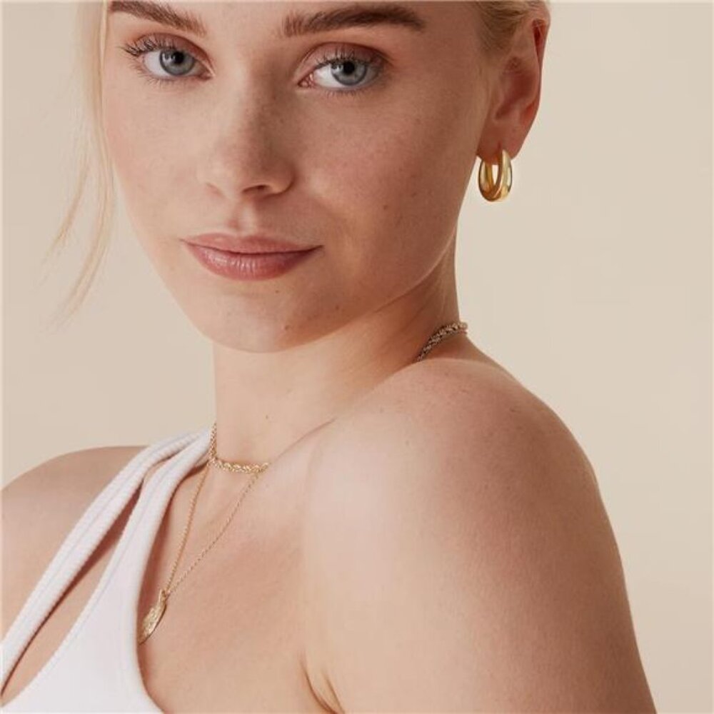 14K Gold Plated Sterling Silver Post Small Chunky Hoops Earrings | Thick - Picture 2 of 6